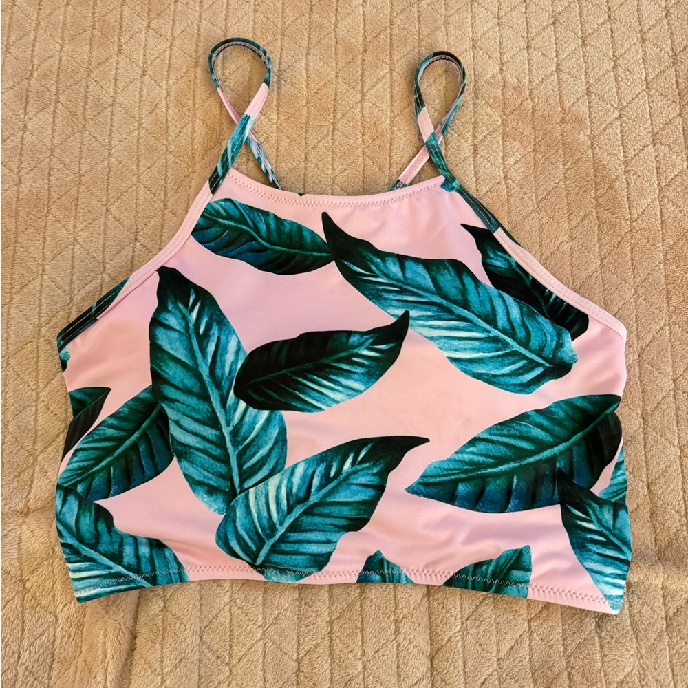 Pink and Green Leaf Print Bikini top